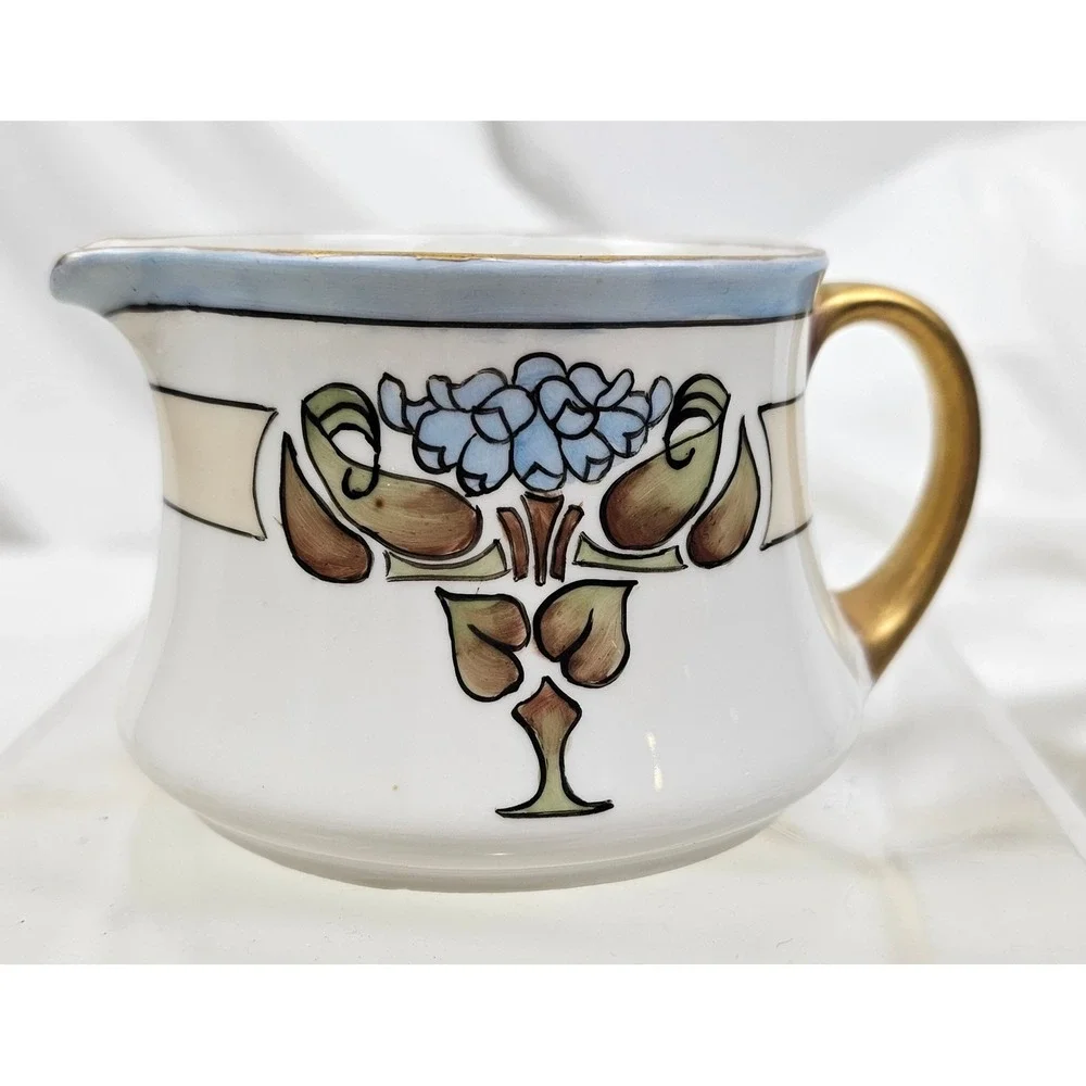 Helenklinger Austria 1916 Art Nouveau Creamer & Sugar Bowl Gold Trim Blue Floral